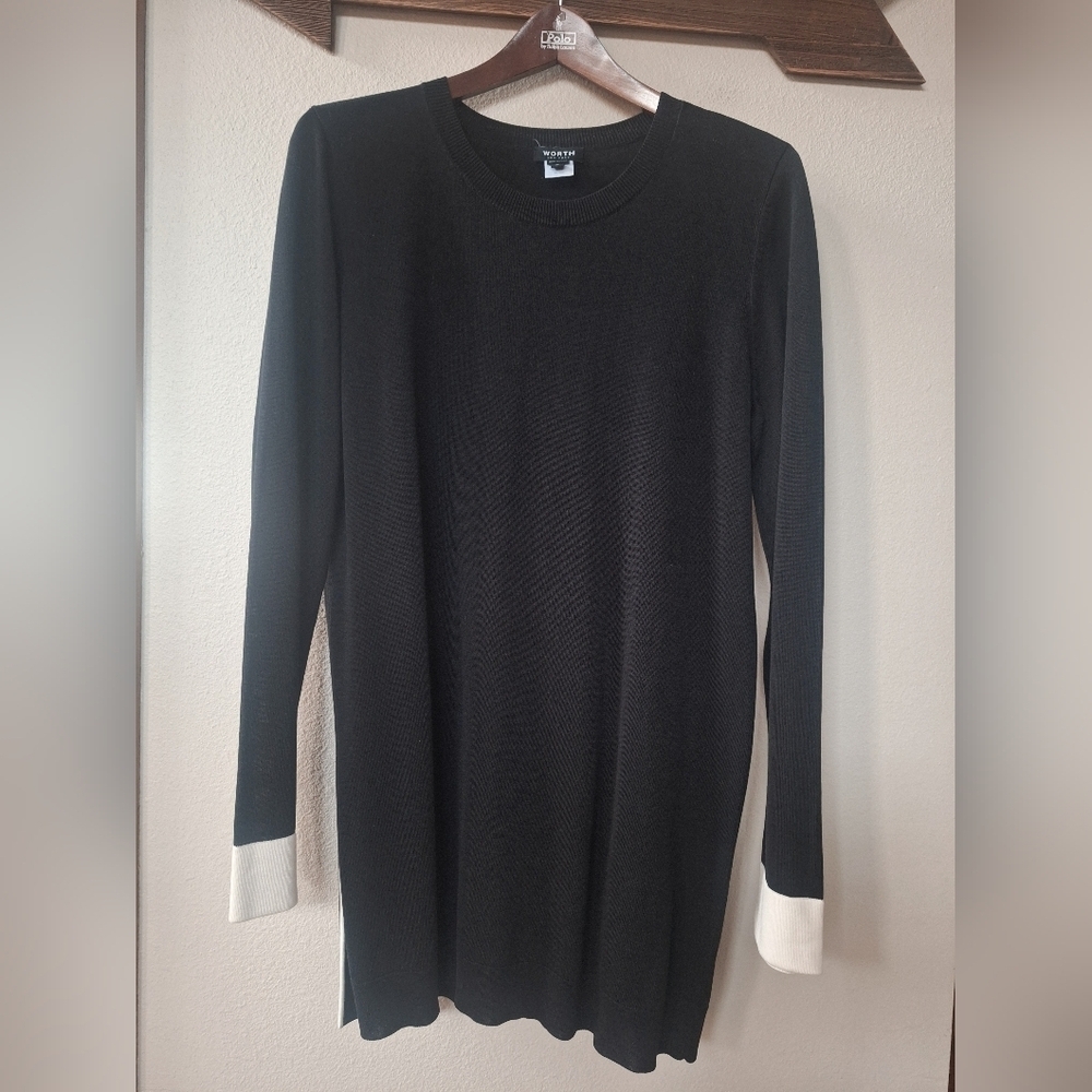 Worth New York Black W/White Cuffs Knit Tunic Sweater Dress Womens Size M